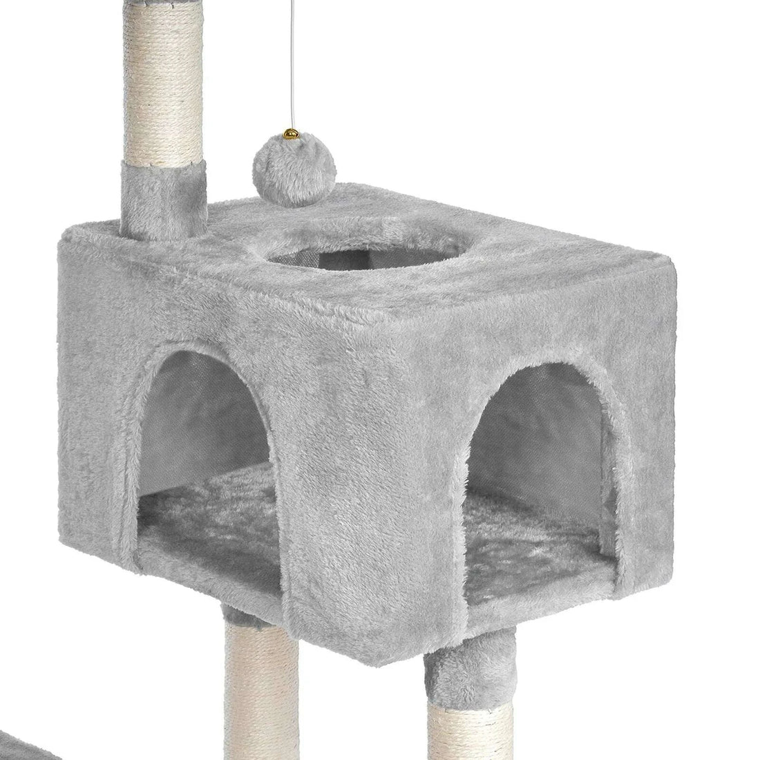 Niche à deux entrées arrondies et balle à clochette suspendue, en peluche grise, vues de face