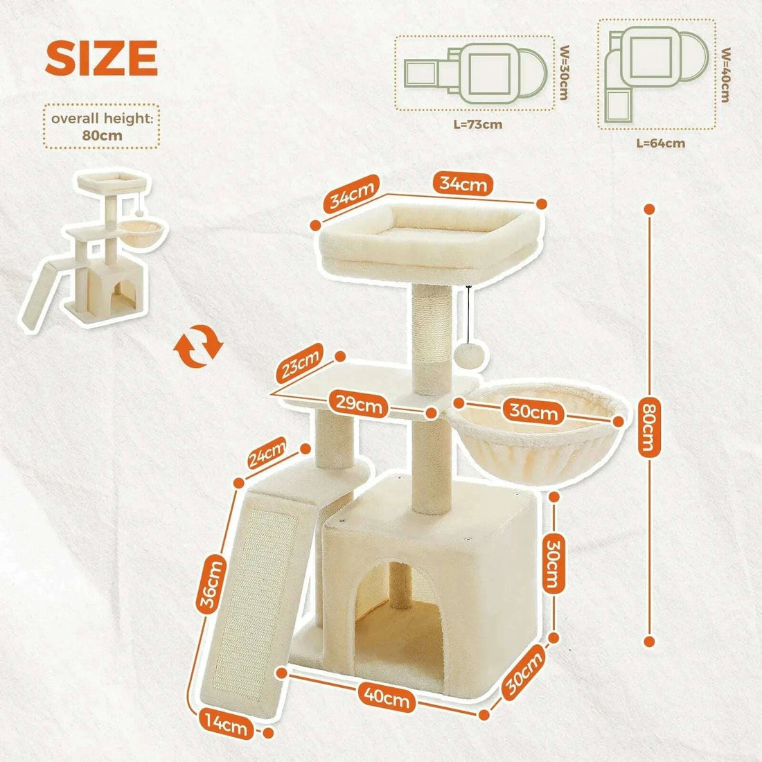 Schéma des dimensions de l'arbre à chat beige : hauteur 80 cm, base 40 × 30 cm, plateforme 34 × 34 cm