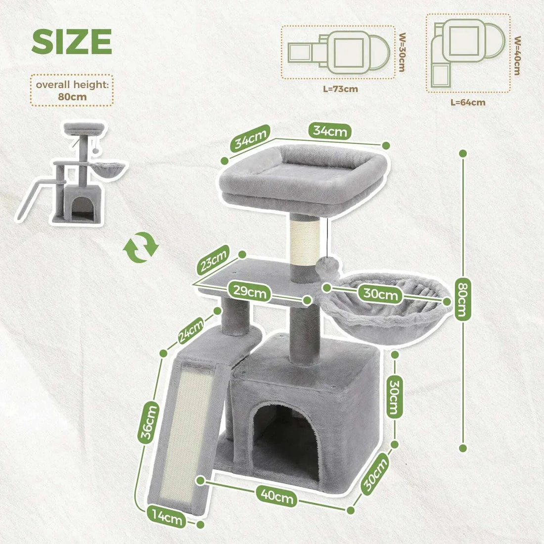 Cotes du meuble à chat gris : hauteur totale 80 cm, base 40 × 30 cm, hamac 30 cm, rampe 36 × 14 cm