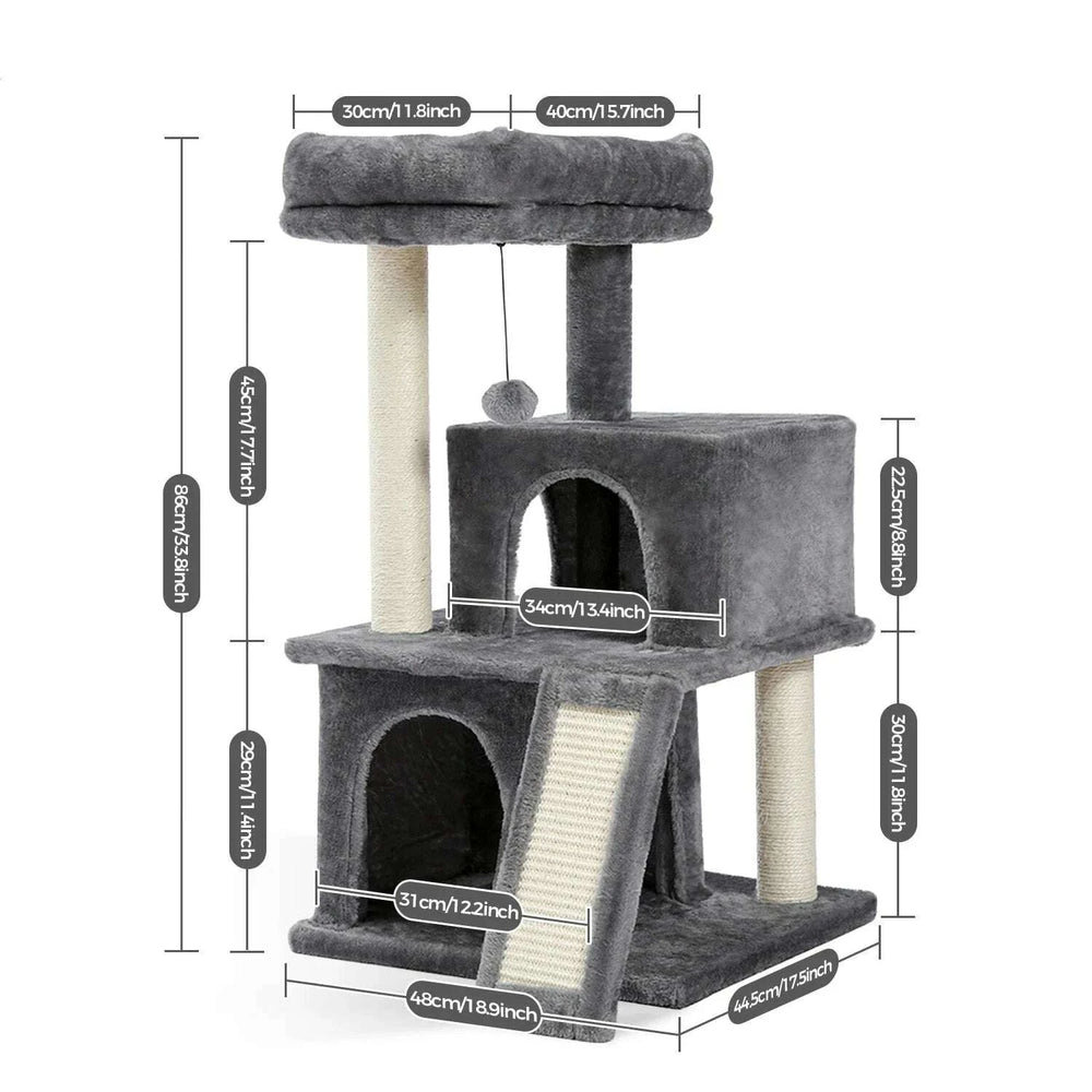 Schéma des dimensions de l'arbre à chat gris : 86 cm de haut, base de 48 × 44,5 cm, plateforme de 30 × 40 cm