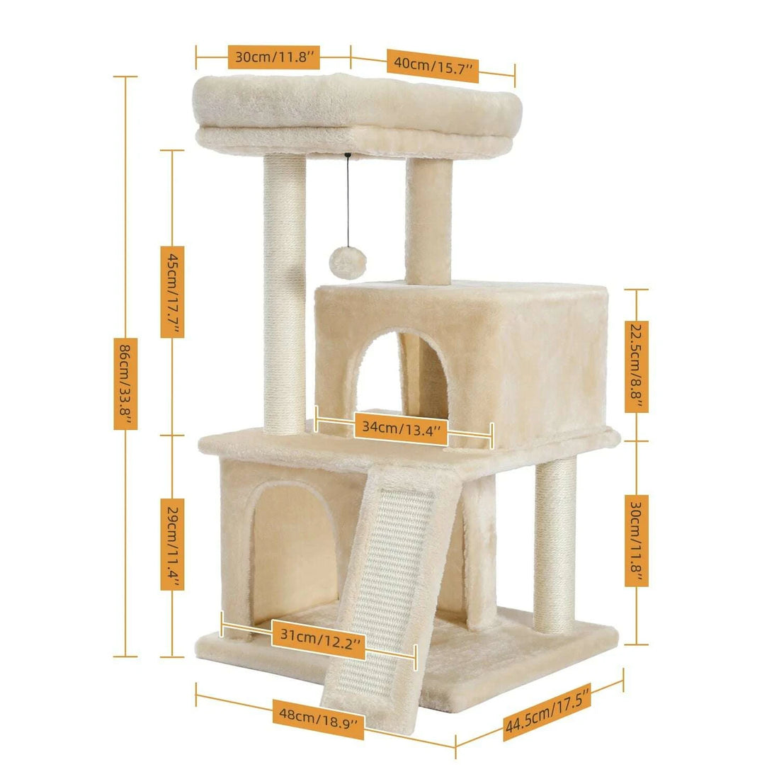 Schéma coté de l'arbre à chat beige : hauteur 86 cm, base 48 × 44,5 cm, niche haute 34 cm, niche basse 31 cm