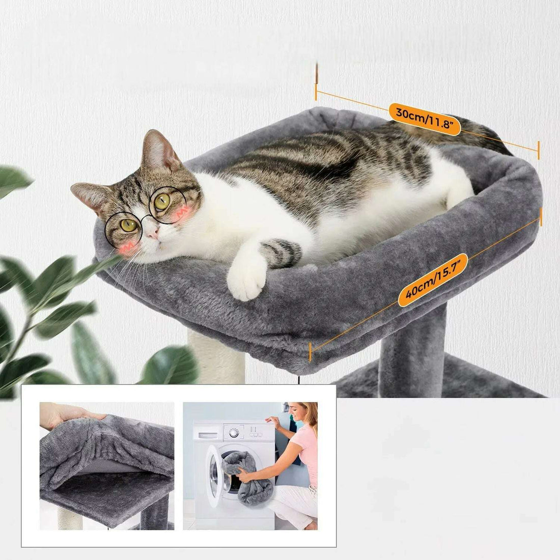 Plateforme peluche grise de 30 × 40 cm avec un chat à lunettes, housse amovible lavable en machine