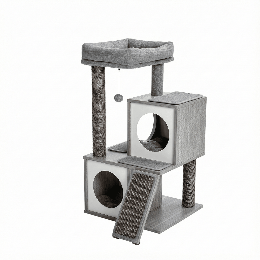 Meuble grimpeur pour chat en bois gris vu en angle, avec deux cubes à ouverture ronde, poteaux en sisal