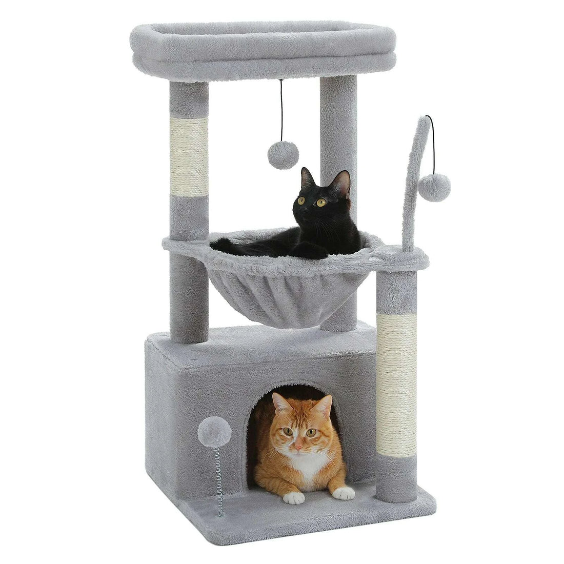 Griffoir sur pied gris clair avec hamac, niche, chat noir et chat roux installés