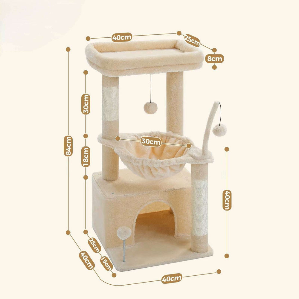 Schéma des cotes de l'arbre à chat beige : 84 cm de haut, base 40 × 40 cm, hamac de 30 cm