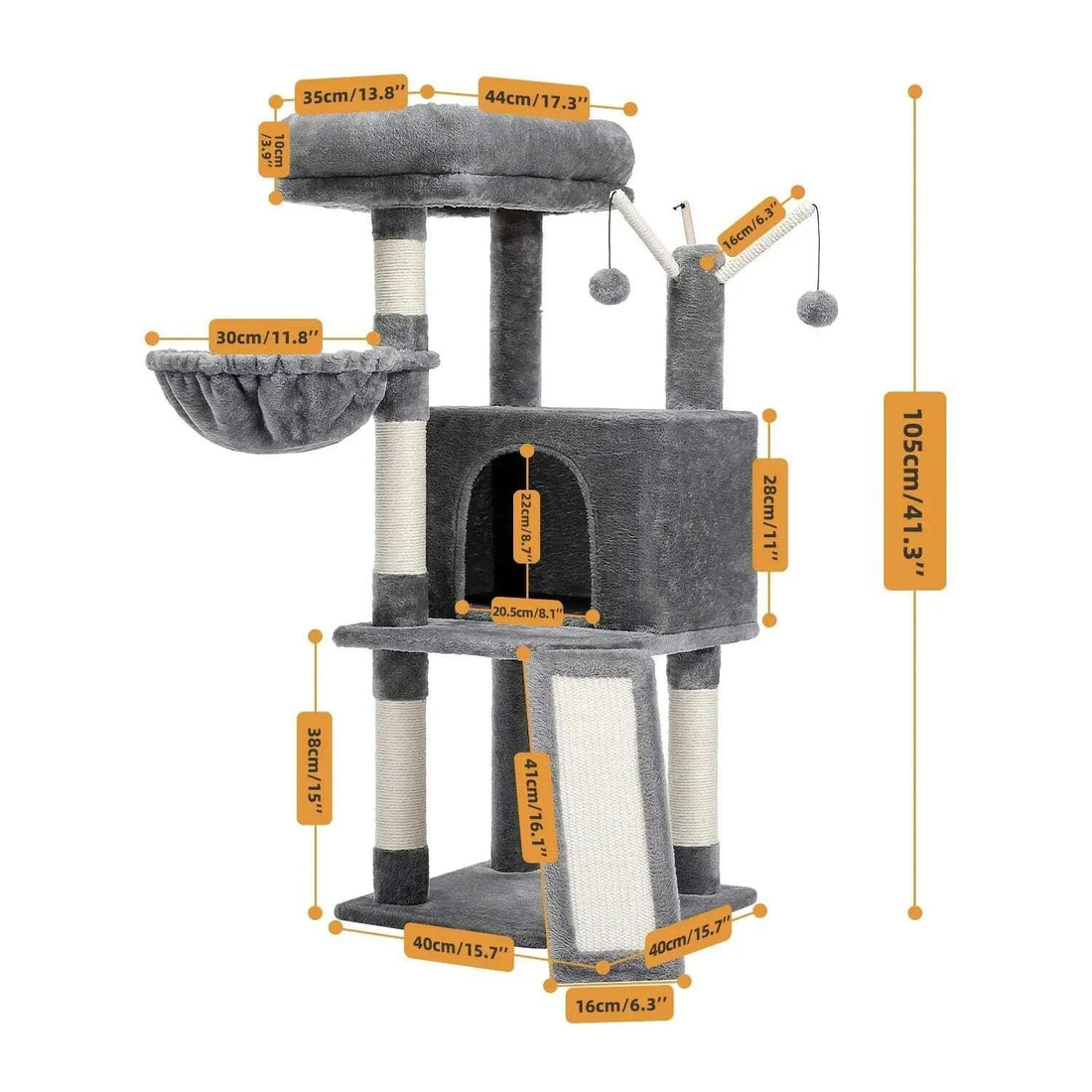 Schéma des dimensions de l'arbre à chat gris : hauteur 105 cm, base 40 × 40 cm, plateforme 44 × 35 cm, hamac 30 cm