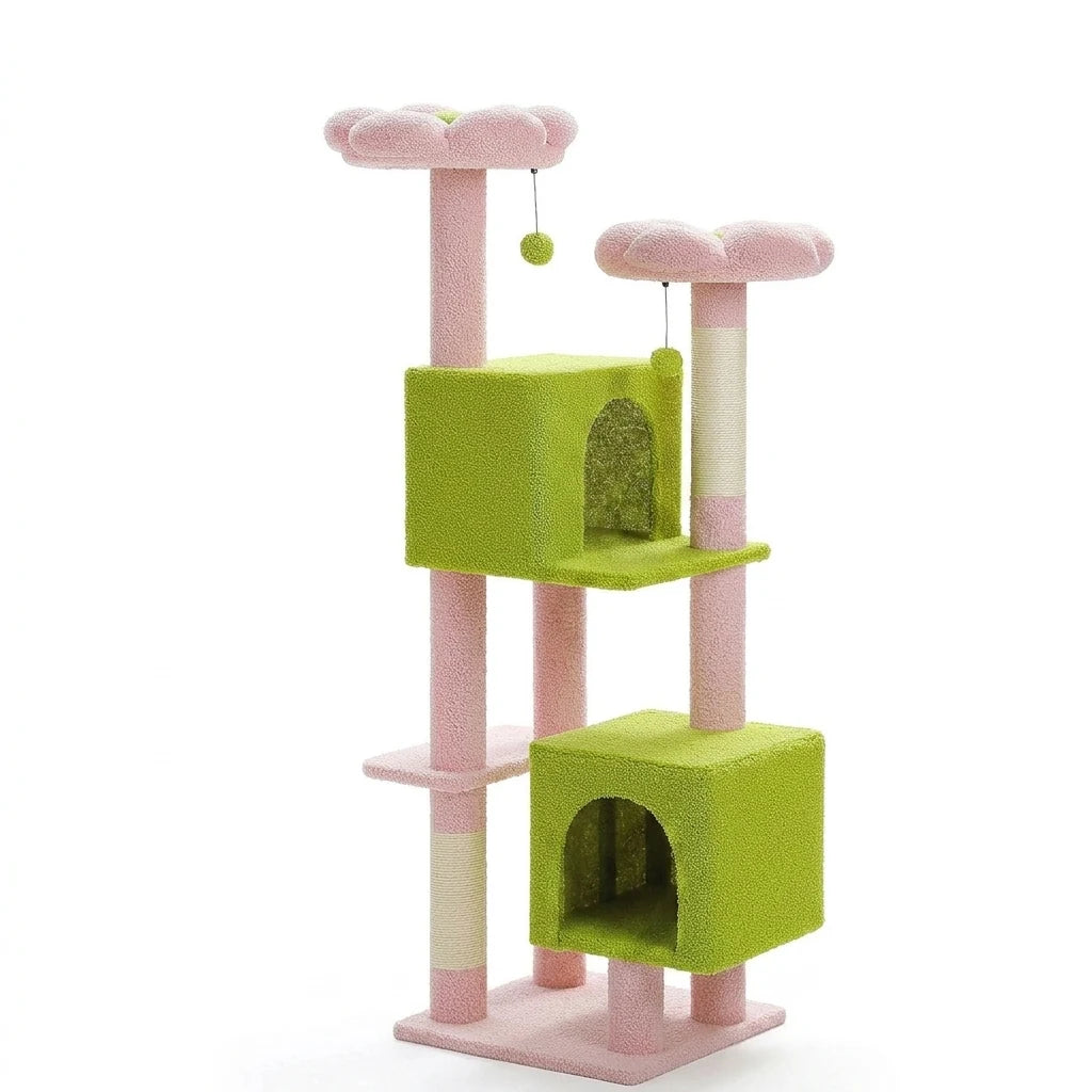 Arbre à chat rose pâle avec deux plateaux en fleur, niches vert pomme et poteaux de sisal