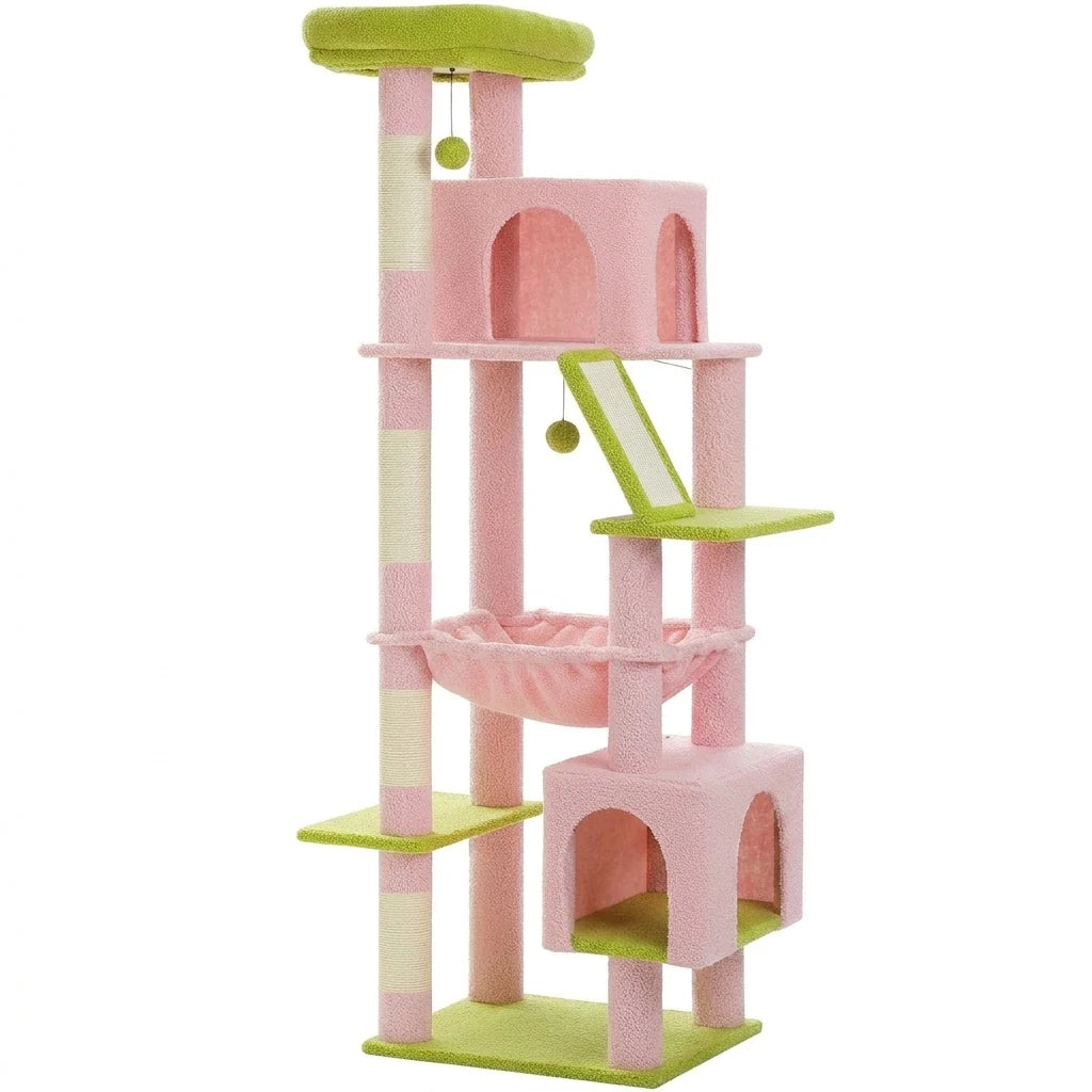 Tour à chat rose pâle à plateformes vert anis, sans chat, avec deux niches, hamac, rampe et poteaux en sisal