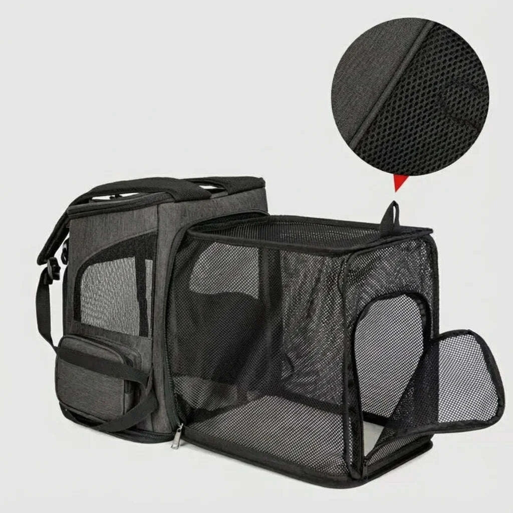 Détail de la tente extensible en filet du sac à dos gris anthracite, avec zoom sur la maille aérée