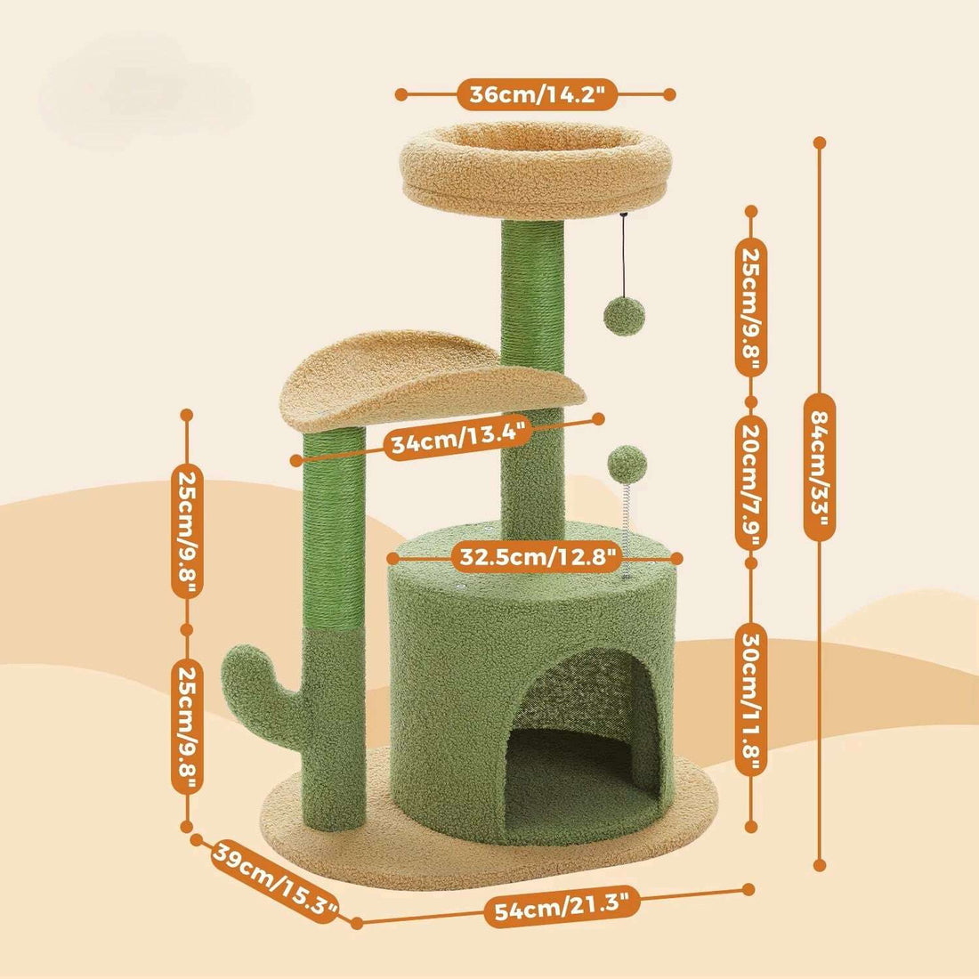 Schéma des dimensions de l'arbre à chat vert : hauteur 84 cm, base 54 × 39 cm, panier de 36 cm