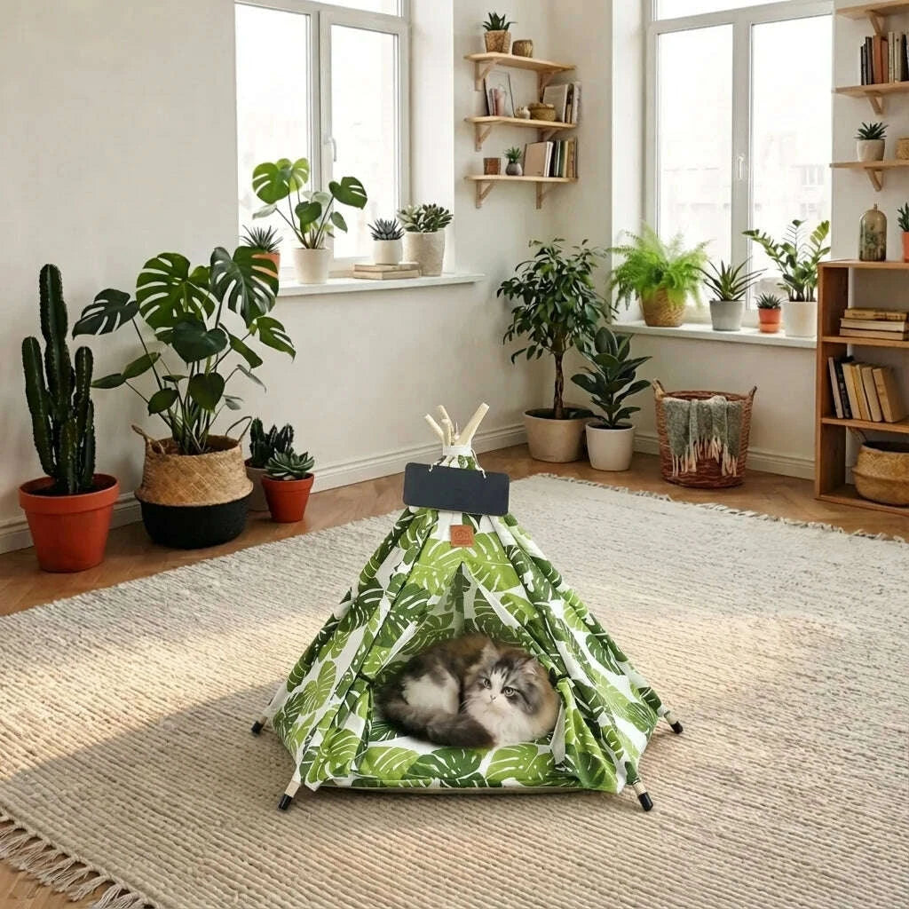 Cabane tipi pour chat en toile motif feuilles de monstera vertes, mâts en bois et ardoise