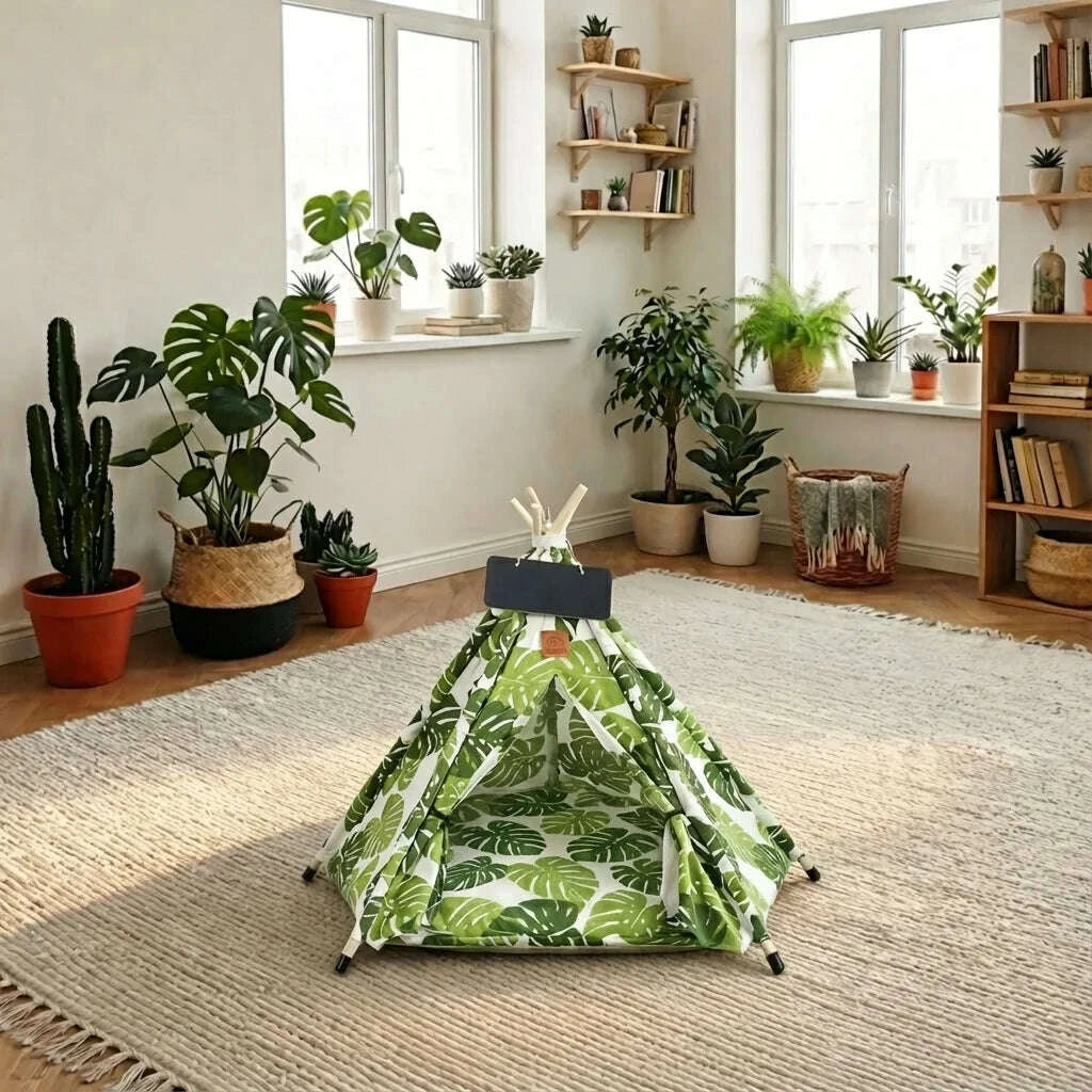 Tipi pour chat imprimé monstera, vide, installé sur un tapis dans un salon clair avec plantes