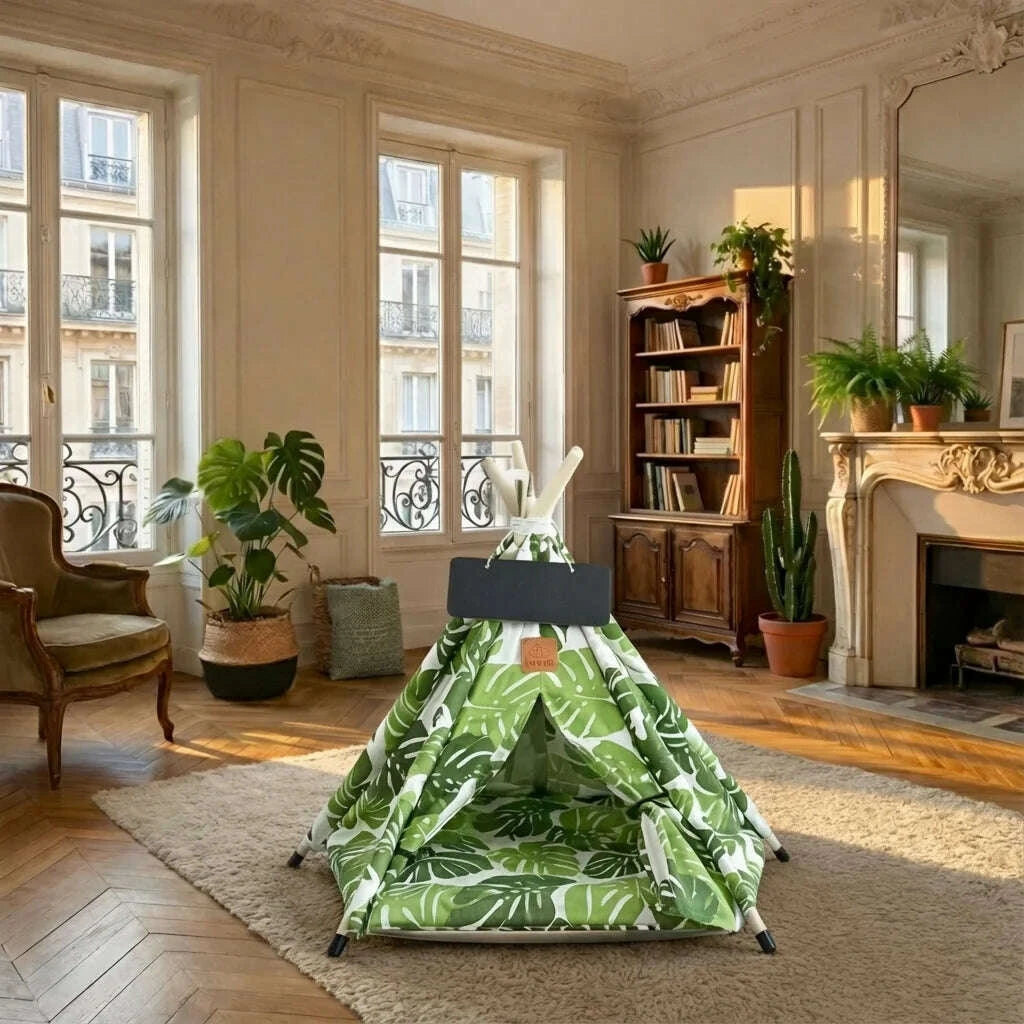 Tente tipi verte pour félin sans chat dans un salon parisien lumineux, parquet en point de Hongrie