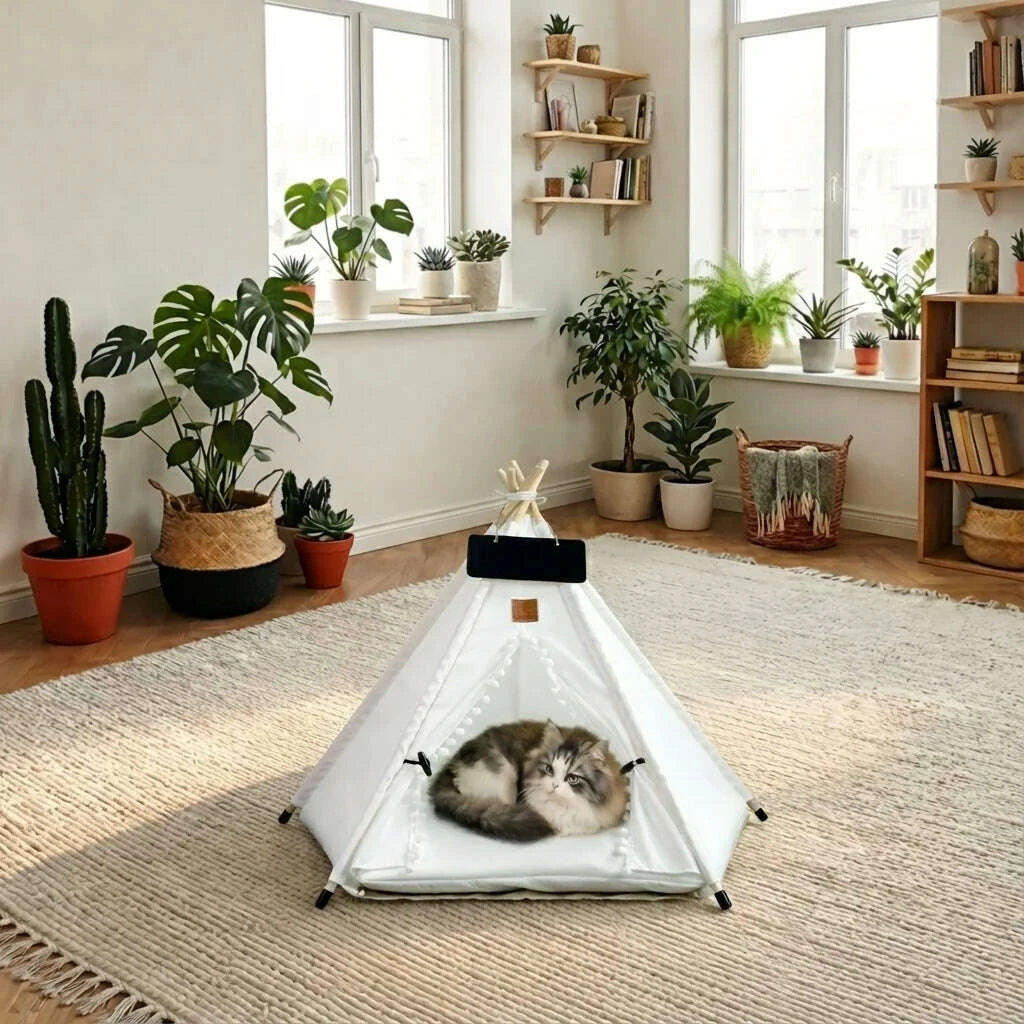 Chat tigré et blanc à poils longs allongé dans un tipi blanc, sur un tapis clair au milieu d'un salon plein de plantes