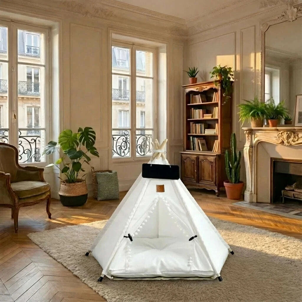 Abri tipi blanc à coussin épais installé sur un tapis dans un salon haussmannien lumineux, sans chat