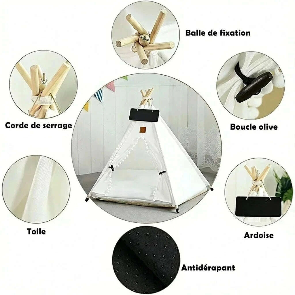 Détails du tipi pour chat : balle de fixation, corde de serrage, boucle olive, toile, ardoise et base antidérapante