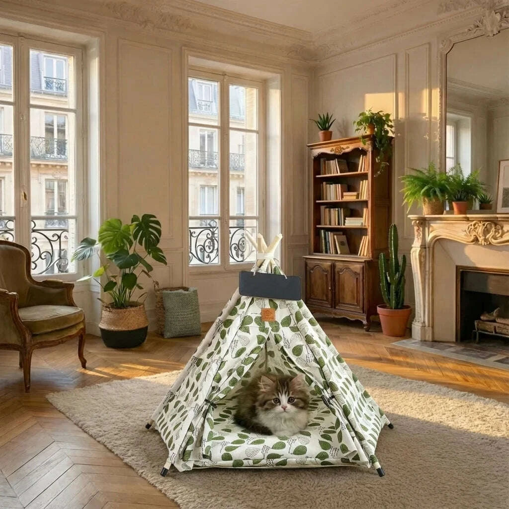 Chaton tigré assis dans une tente tipi feuillue, au centre d'un salon haussmannien avec parquet et cheminée