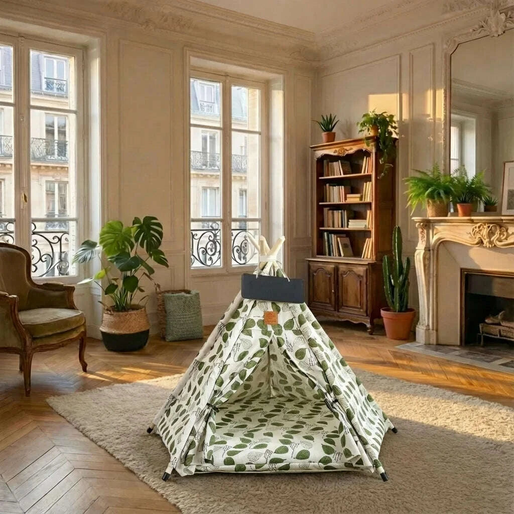 Abri tipi pour chat à motif de feuilles, coussin inclus, dans un salon parisien lumineux à parquet en point de Hongrie