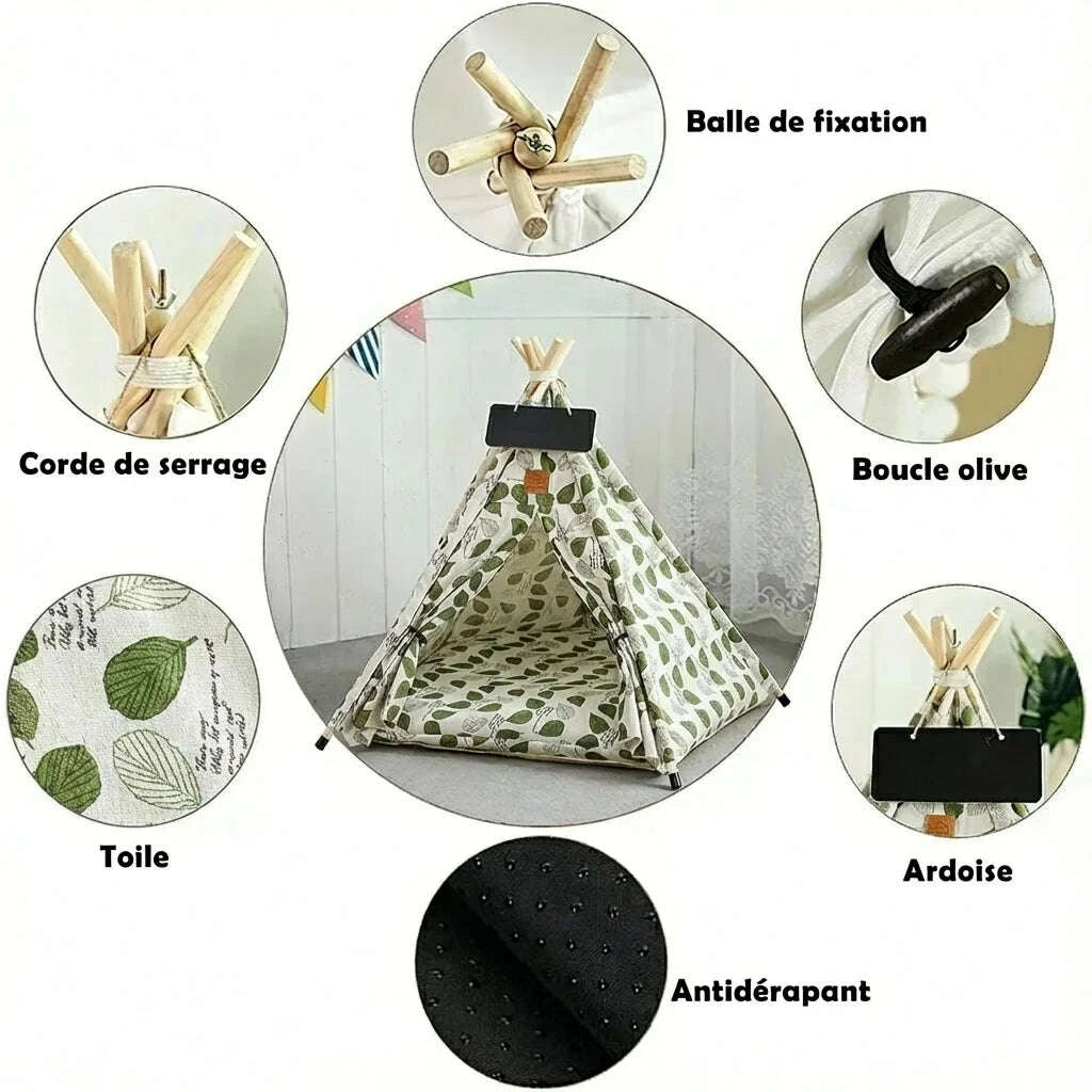 Détails de la tente pour chat : balle de fixation, corde de serrage, boucle olive, toile