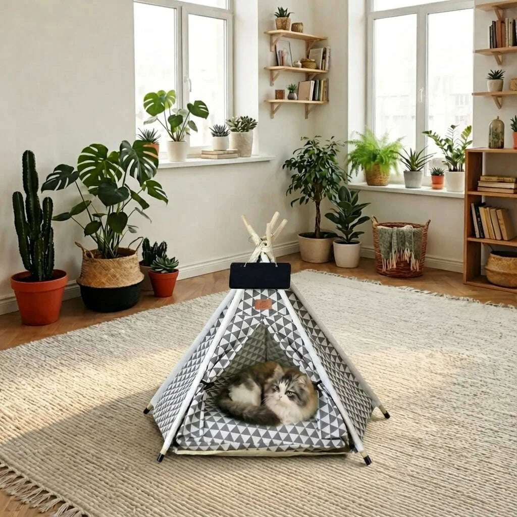 Chat tigré et blanc à poils longs couché dans un tipi gris et blanc, salon avec plantes vertes