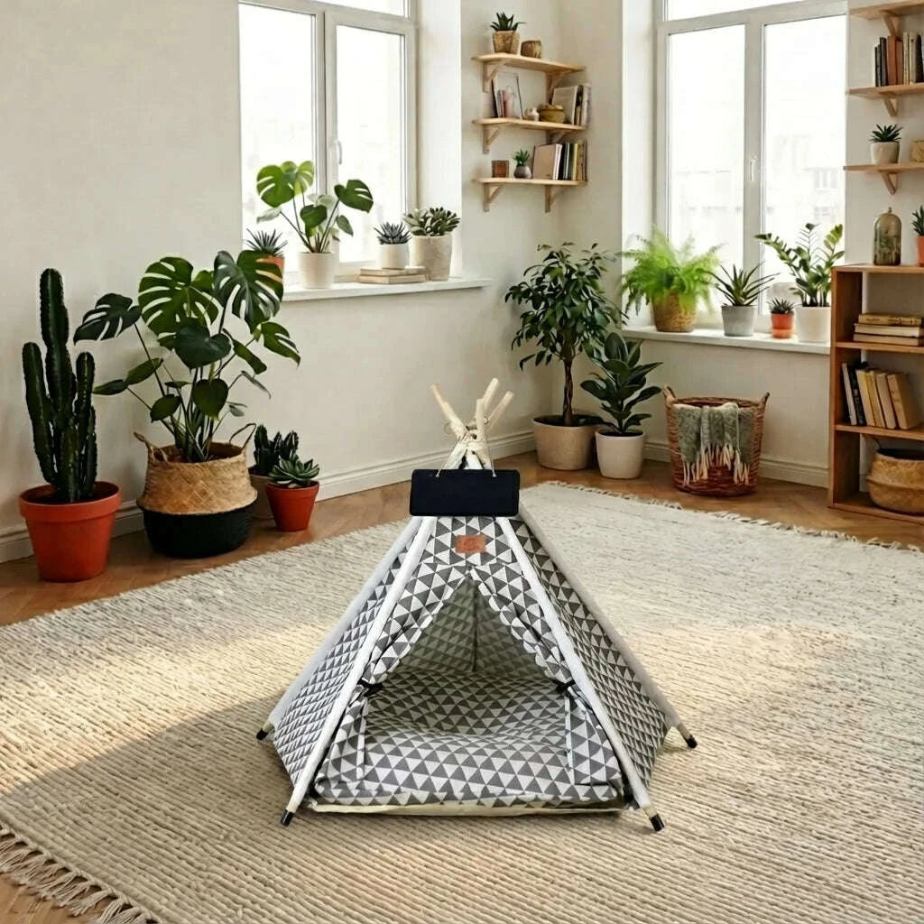 Tente tipi grise vide posée sur un tapis beige dans un salon lumineux, plantes et étagères en bois