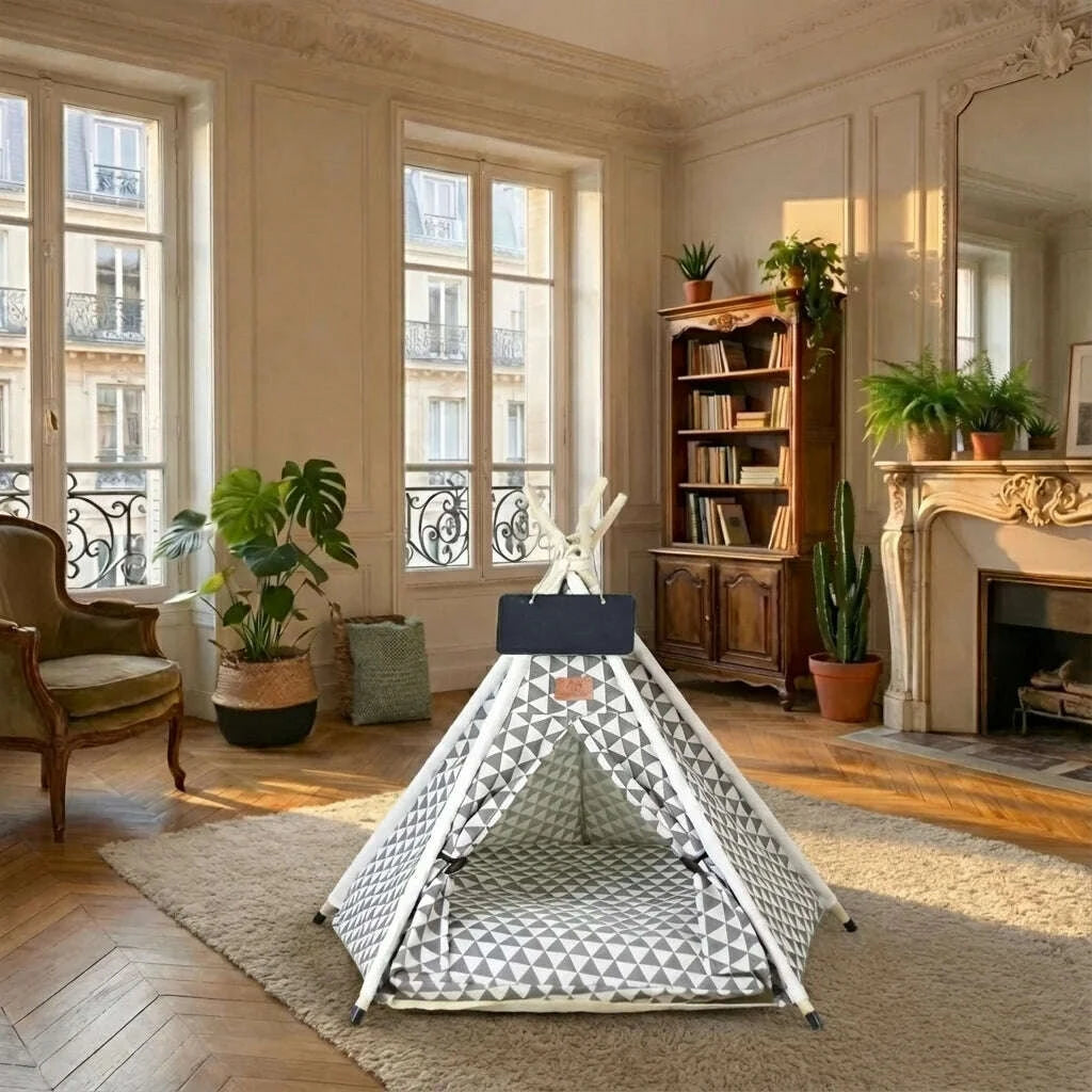 Tente pour chat à motif géométrique gris dans un salon haussmannien, coussin visible, sur tapis clair