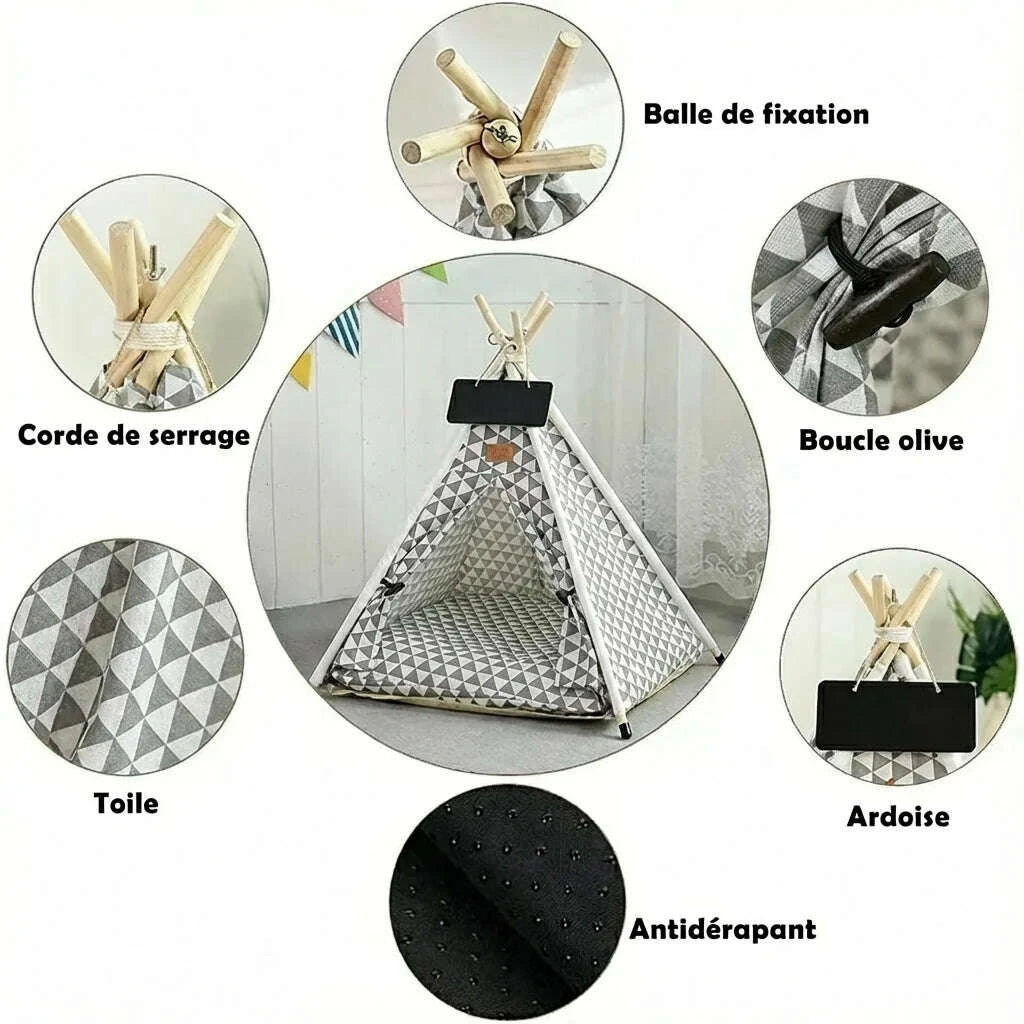 Détails de la tente pour chat : balle de fixation, corde de serrage, boucle olive, toile, ardoise, fond antidérapant