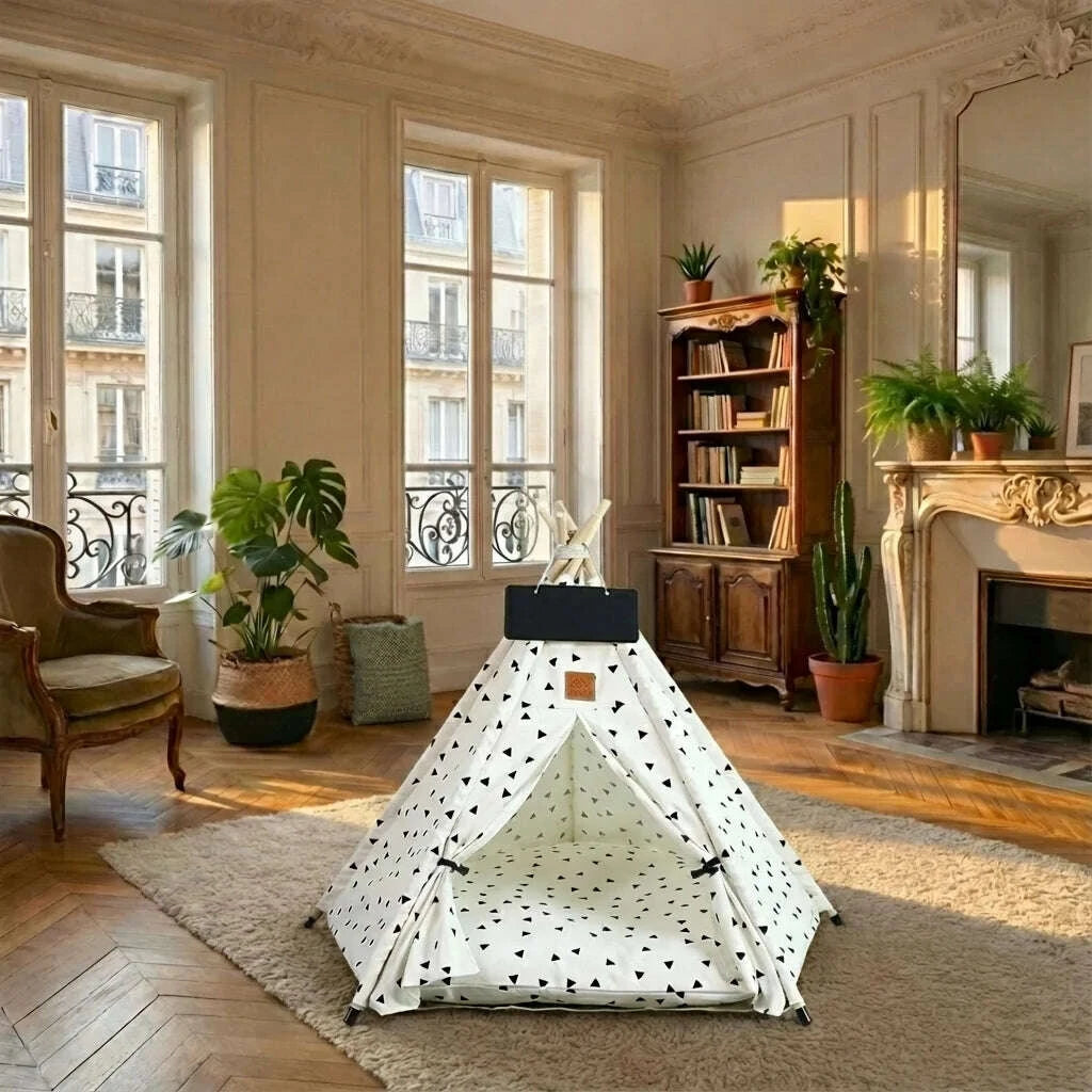 Abri tipi blanc motif triangles pour chat, sans occupant, dans un salon haussmannien au parquet à chevrons
