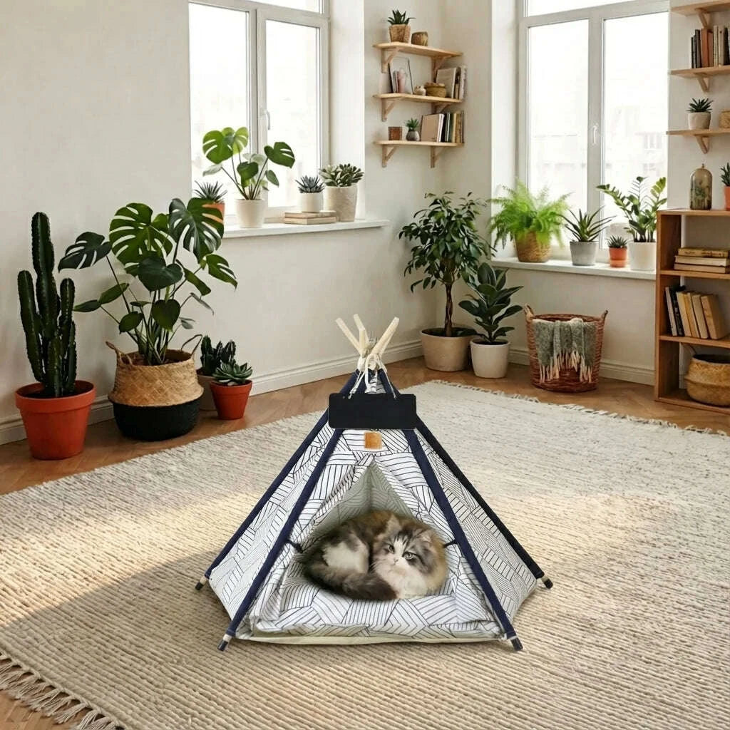 Chat tricolore à poil long couché dans un tipi rayé, au milieu d'un salon avec plantes