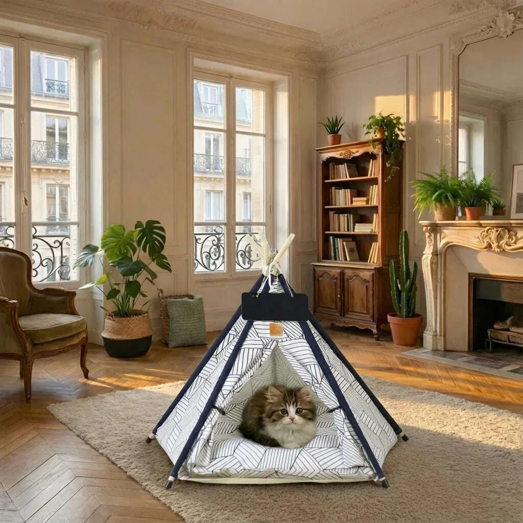 Chaton tigré dans une niche tipi en toile, salon haussmannien avec parquet et cheminée