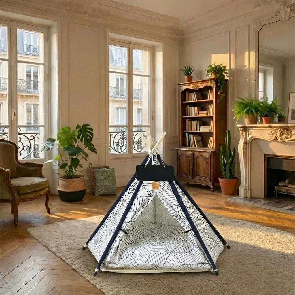 Abri tipi pour chat installé sur un tapis, parquet en point de Hongrie et grandes fenêtres