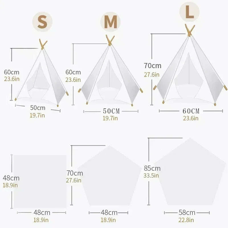 Schéma des tailles S, M et L du tipi pour chat : de 50 × 60 cm à 60 × 70 cm, coussins de 48 à 58 cm