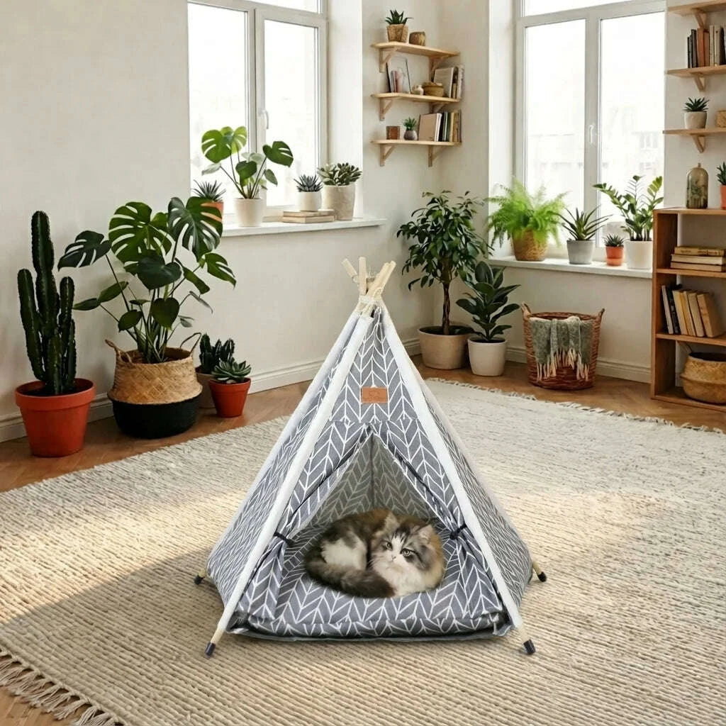 Chat tricolore allongé dans un tipi gris à chevrons, posé sur un tapis de salon lumineux entouré de plantes vertes