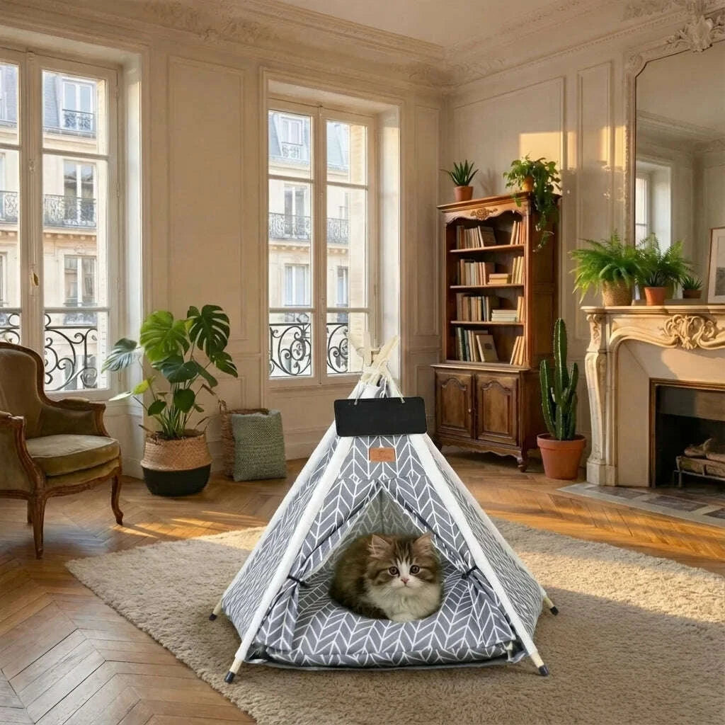 Chaton tigré et blanc dans une tente tipi grise, au milieu d'un salon haussmannien au parquet en point de Hongrie